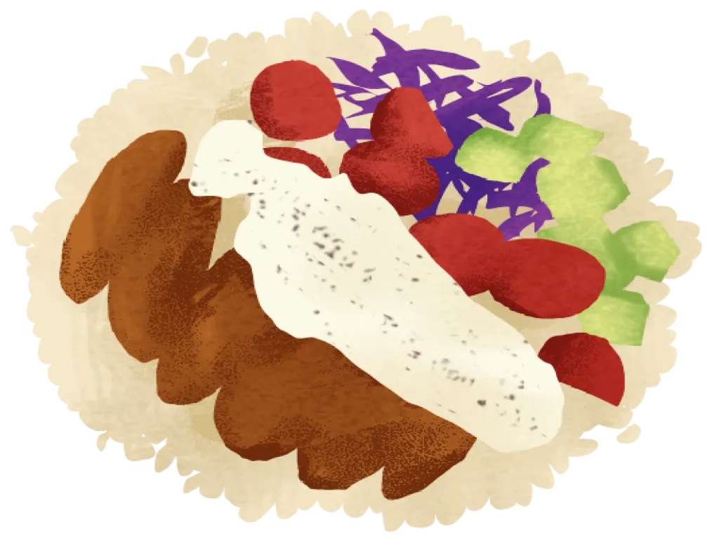 Bowl of rice with chicken, vegetables and sauce
