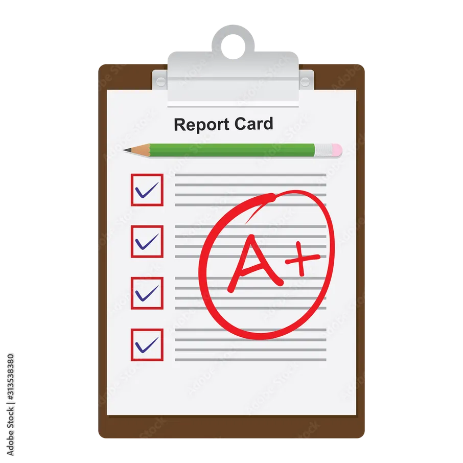 Report card on a clipboard marked A plus